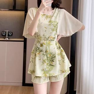 Bộ đồ nữ kiểu Trung Quốc, in họa tiết, phong cách thường ngày, mẫu mới mùa hè, áo voan che bụng và quần short hai mảnh