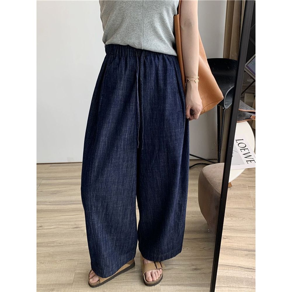 quần ống rộng Quần crop thường ngày có dây rút màu xanh