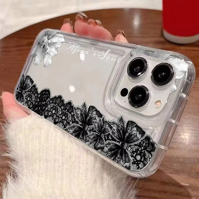Ốp điện thoại in hoa ren trắng đen phong cách Gothic cho iPhone 17 16 15 14 13 12 11 Pro Max 17E 16E 7 8 Plus X XS XR Vỏ mềm trong suốt chống sốc