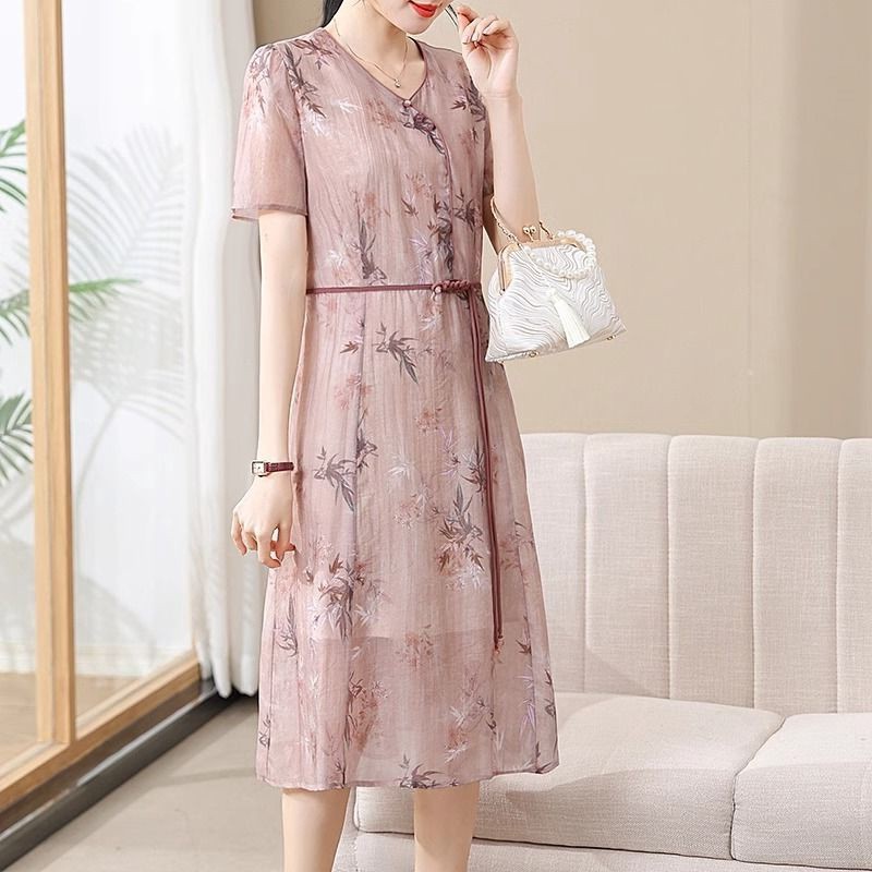 Váy mùa hè cho mẹ trung niên, kiểu dáng mới cho phụ nữ trung niên và cao tuổi, váy voan phong cách Trung Quốc
