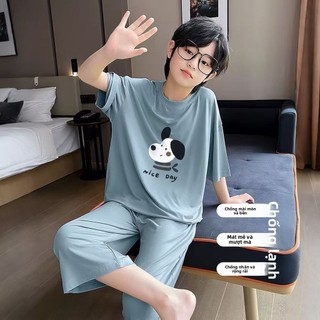 Bộ đồ ngủ cho bé trai – Vải lụa lạnh mát, áo tay ngắn + quần lửng thoáng khí mặc ở nhà