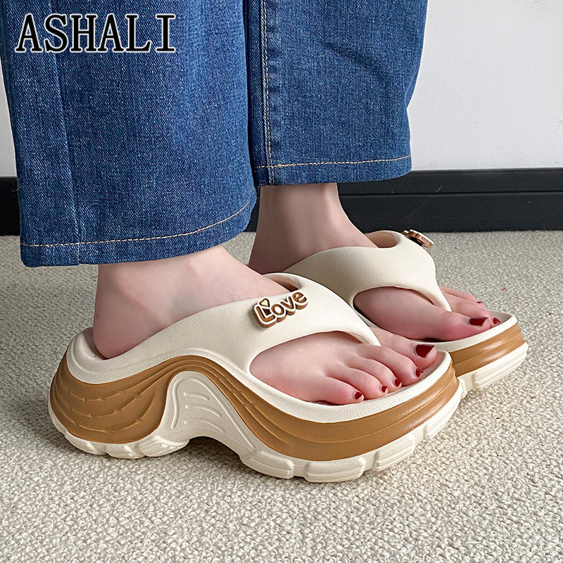 ASHALI Bán chạy mùa hè 7cm Dép xỏ ngón đế dày 7cm dành cho nữ Dép đế mềm chống trượt nâng cao Giày lật ngoài-