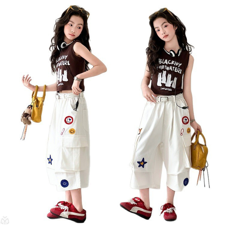 Bé Gái Retro Ngôi Sao Thêu Cotton Crop Quần Mùa Hè 2026 Phong Cách Mới Trẻ Em Nhiều Túi Giữa Quần