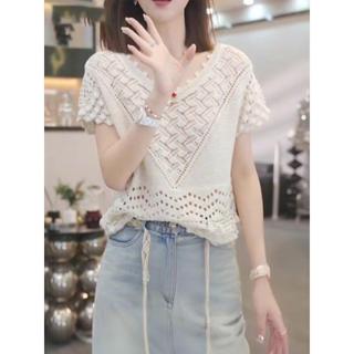Áo thun cổ chữ V nữ, dệt kim mỏng nhẹ, thời trang dáng oversize