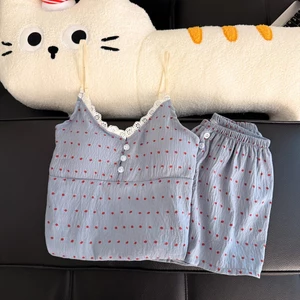 Quần Short Suspender Có Miếng Lót Ngực Bộ Đồ Ngủ Nữ Mây Cotton Cao Cấp Ngọt Kẻ Sọc Nút Thắt Lưng Loungewear Set
