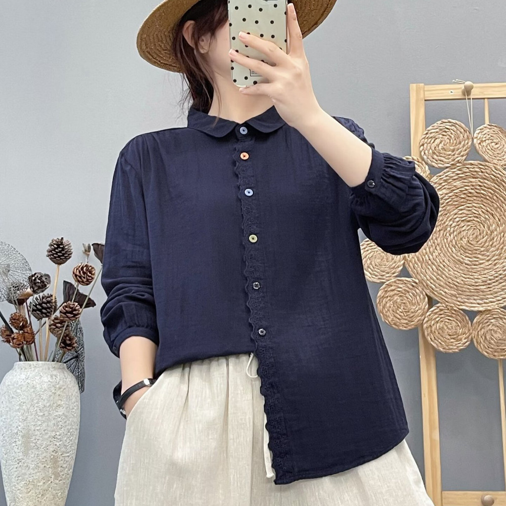 Áo sơ mi nữ thu đông mới, 100% cotton chất lượng cao, cổ tròn màu trơn tay dài, thiết kế đơn giản và thoải mái
