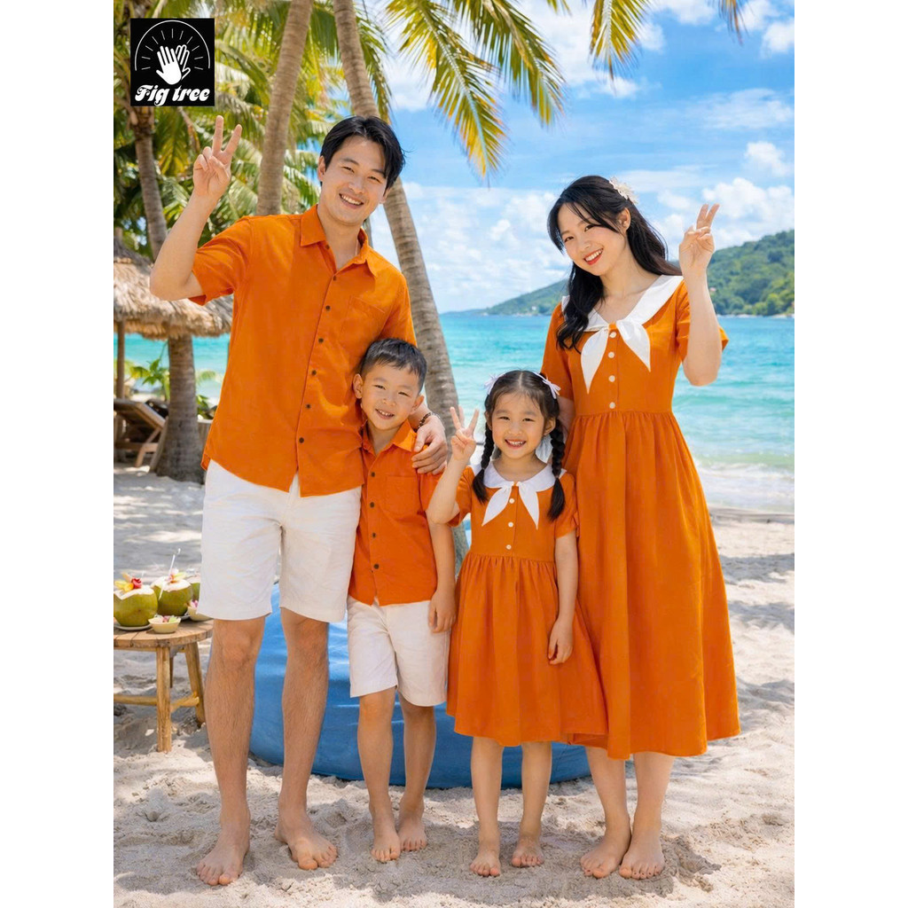 Đồng Phục Gia Đình Fig Tree Màu Cam Đũi, Áo Sơ Mi Nam Đầm Nữ Trendy Đi Biển, Du Lịch Nổi Bật