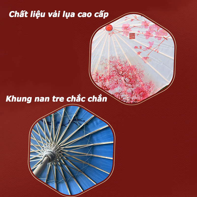 Ô lụa cổ điển, có in họa tiết phong cảnh, đường kính 82 cm, có thể dùng để chụp ảnh Cosplay, đám cưới, du lịch