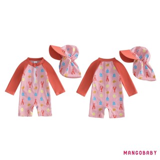 MG-Toddler Boy Rash Guard Đồ bơi in tôm Tay dài Dây kéo phía trước Bộ đồ tắm sọc có mũ