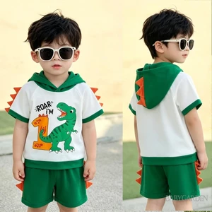 Bé Trai Trang Phục Sinh Nhật Khủng Long In Có Mũ Trùm Đầu Áo Thun Tay Ngắn Co Giãn Eo Quần Short 2 Chiếc Bộ Quần Áo