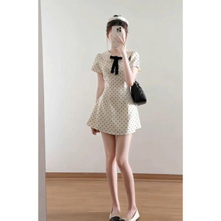 Váy Chấm bi cổ sen dáng ngắn tiểu thư Hàn Quốc, Váy xòe chấm bi dáng ngắn siêu xinh