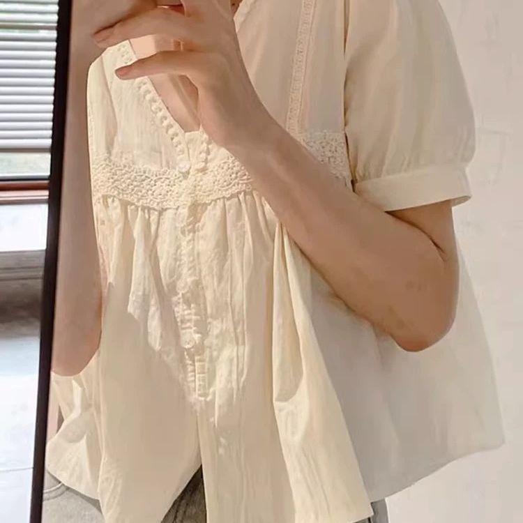 Áo sơ mi nữ cổ chữ V màu trắng, tay phồng xinh xắn, phù hợp mùa hè - Giảm giá sốc!