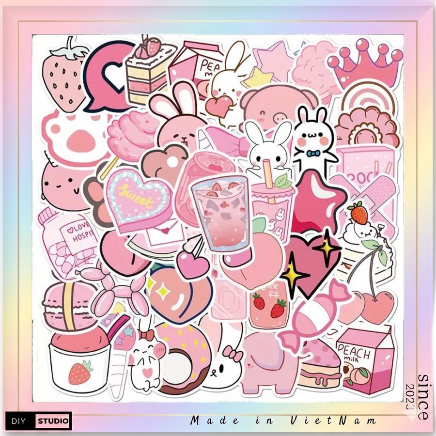 Set 100 sticker các mẫu đồ vật, bánh kẹo màu hồng pastel siêu bánh bèo