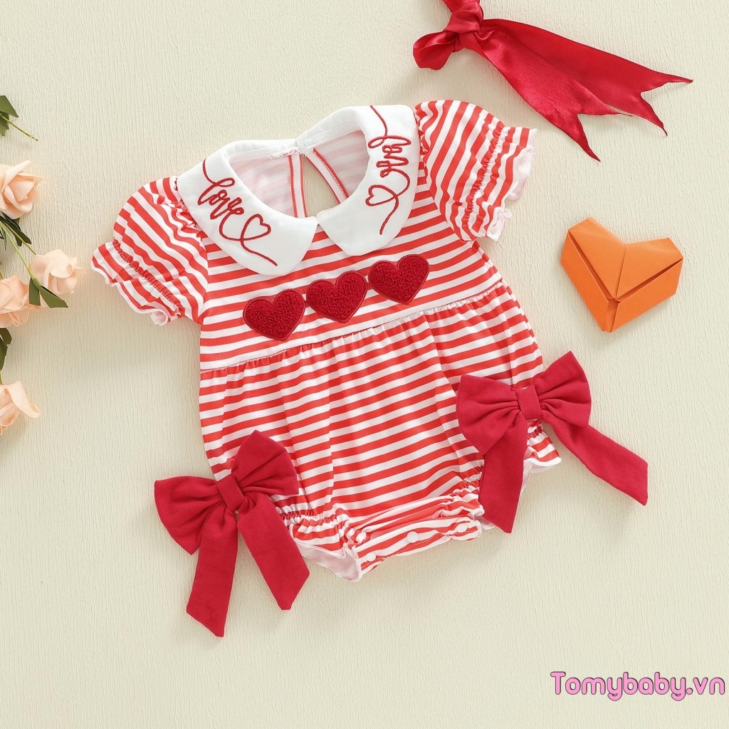 Bé Gái Áo Liền Quần Ngày Lễ Tình Nhân Tay Ngắn Cổ Búp Bê Sọc Thêu Trái Tim Trẻ Sơ Sinh Body