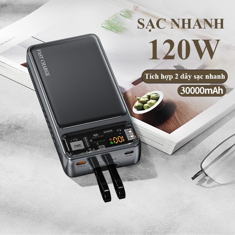 Sạc dự phòng 30000mAh sạc nhanh 22.5W 2 dây tích hợp màn hình LED tương thích mọi thiết bị