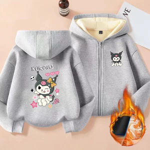 Kuromi Winter Kids Zip Áo Hoodie lông cừu lót hoạt hình Áo khoác có mũ trùm đầu mềm mại cho trường học và ngoài trời