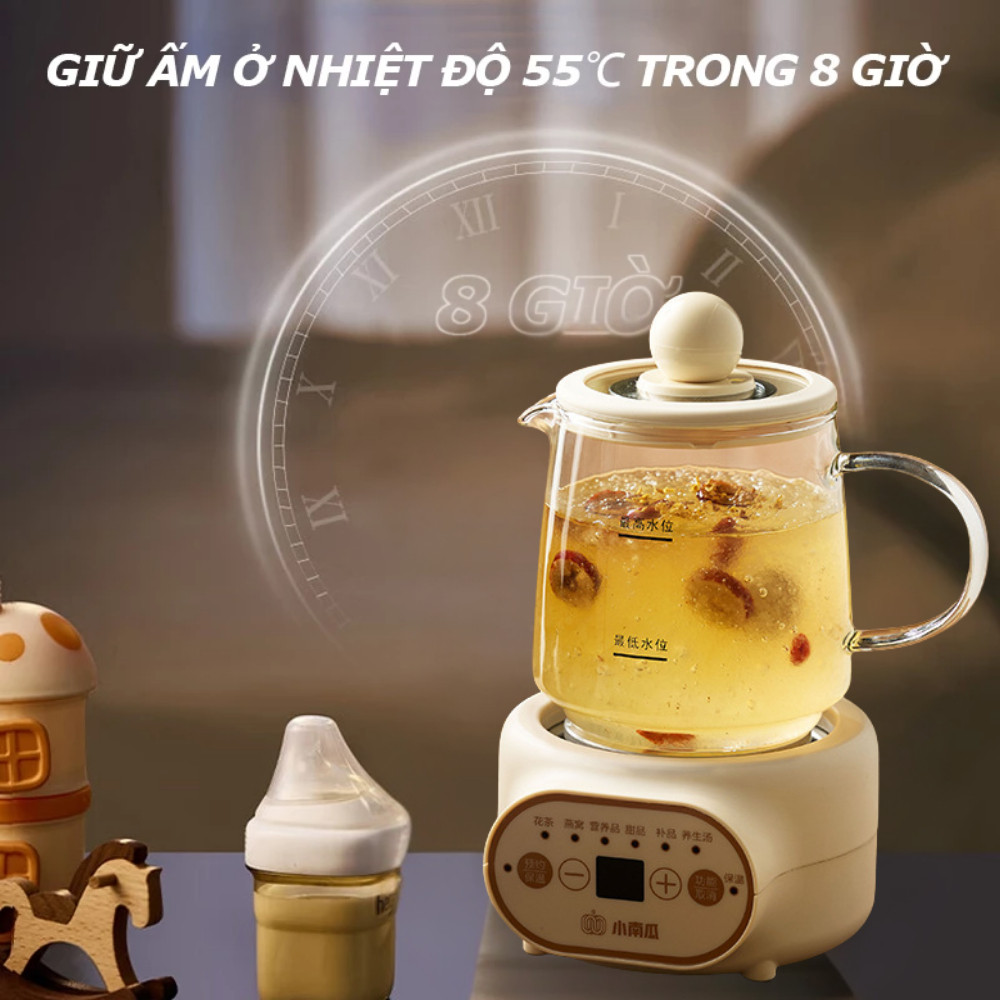 Ấm Đun Nước Pha Trà Điện 400W Đa Năng 6 Chức Năng, Đặt Giờ Thông Minh, Bình Thủy Tinh Chịu Nhiệt
