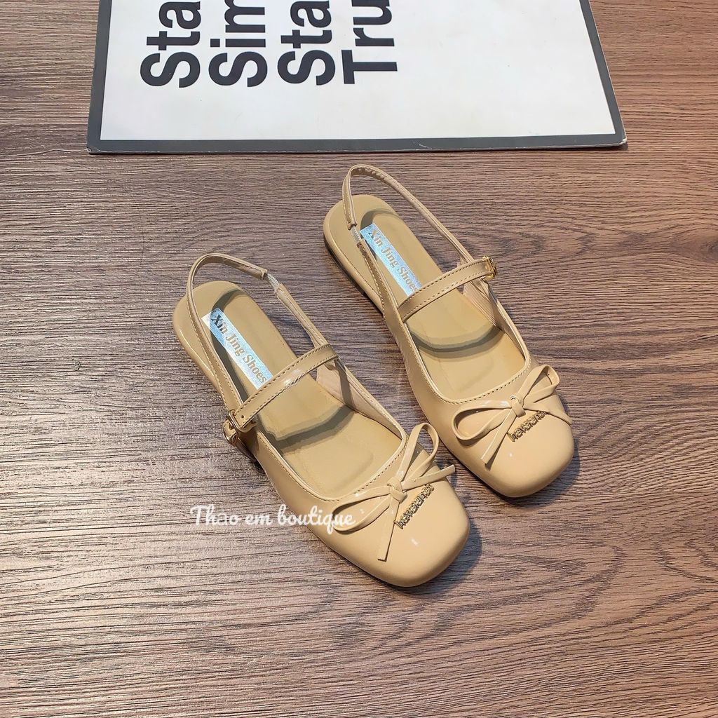 [Thảo Em - SHC5V] Sục bệt nữ hở gót mũi vuông da bóng phong cách tiểu thư đính nơ  ( QCCC )
