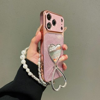Kim Cương Trang Điểm Gương Đứng Lấp Lánh Bột Mạ Điện Ngọc Trai Hồng Wrsit Dây Xích Điện Thoại Dành Cho iPhone 17Promax 17pro 13 14 15 16 Pro Max Chống Sốc Nữ Vỏ Di Động