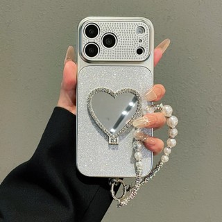 Kim Cương Trang Điểm Gương Đứng Lấp Lánh Bột Mạ Điện Ngọc Trai Hồng Wrsit Dây Xích Điện Thoại Dành Cho iPhone 17Promax 17pro 13 14 15 16 Pro Max Chống Sốc Nữ Vỏ Di Động
