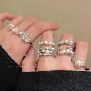Nhẫn kim cương zircon lấp lánh có thể điều chỉnh size, gắn ngọc trai - món quà trang sức độc đáo cho nữ