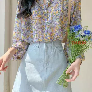 Áo sơ mi hoa ngọt ngào DARON, Áo sơ mi voan dài tay cổ tròn, Áo voan nữ dáng rộng thoáng khí ngọt ngào dành cho nữ
