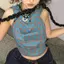 Áo vest cổ xoay màu xanh cam có mũ trùm đầu, thiết kếsense không đều, buộc dây