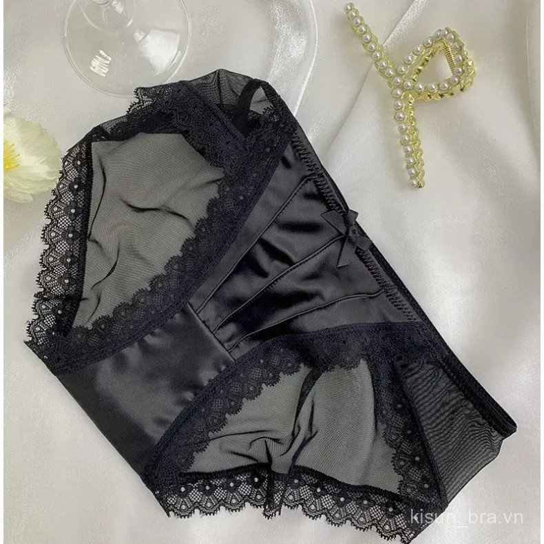 Quần lót nữ ren Pháp vintage satin, lưới mỏng thoáng khí, lưng vừa, nơ, màu trơn