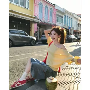 Áo thun nữ ngắn tay xiên vai phong cách Hàn Quốc, dáng rộng, phù hợp mùa hè