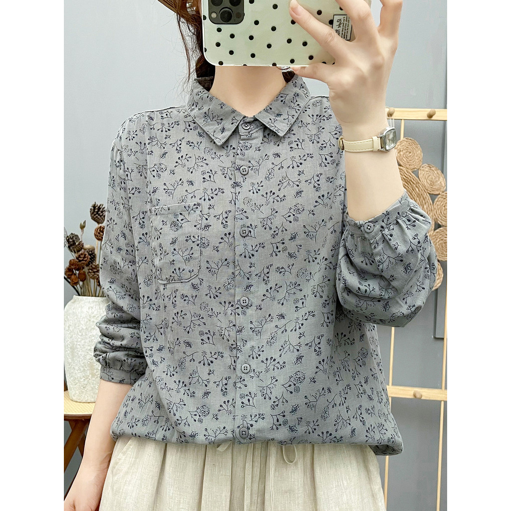 Áo sơ mi nữ cotton, họa tiết văn học cổ điển, thiết kế thoáng khí