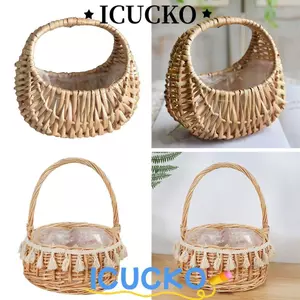 Giỏ hoa bé gái ICUCKO, Giỏ dệt chắc chắn Giỏ sắp xếp hoa, Hộp đựng dã ngoại màu vàng thủ công nhỏ Wicker Giỏ nửa trăng đám cưới