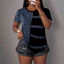 Áo thun in hình PYCOU, Áo thun cotton ngắn tay sọc chéo, thời trang cổ tròn quá khổ Denim chắp vá hàng đầu Quần áo nữ