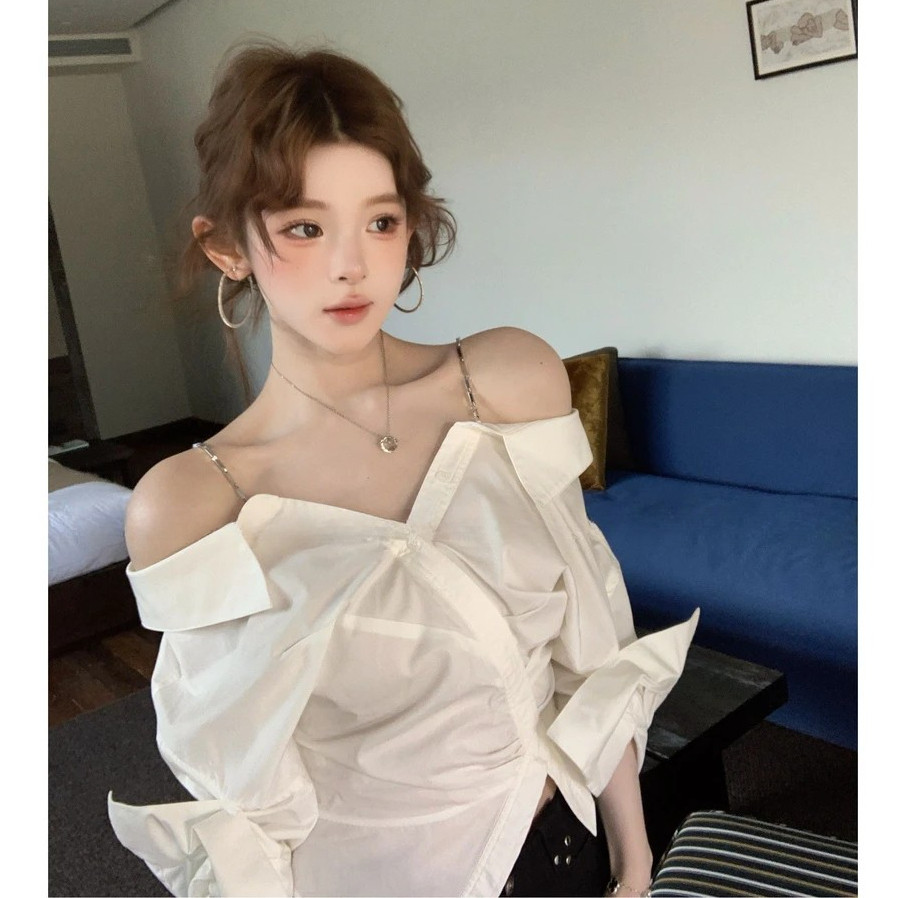 SUXI Áo sơ mi nữ buộc dây xù nhẹ nhàng, màu trơn phù hợp mùa hè 260415