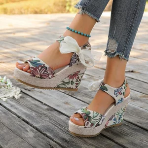 Kích Thước Lớn Thời Trang Nêm Gót Giày Sandal Phong Cách Bohemian Ren-Up Nơ Gai Dây Đi Biển Cá Miệng Cao Gót Sandal S3EX