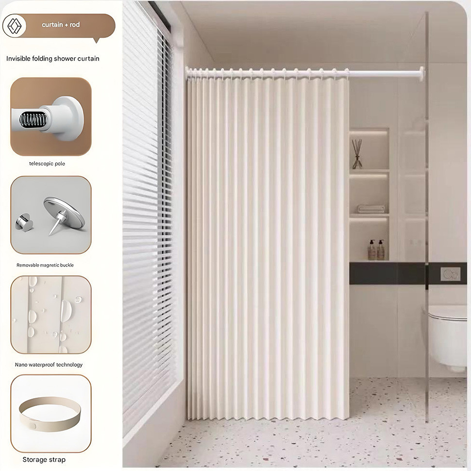 Rèm tắm gấp chống thấm nước có thanh căng & đóng từ tính – Vỏ tắm Accordion không khoan, tùy chỉnh để bảo vệ quyền riêng tư trong phòng tắm, màu trơn