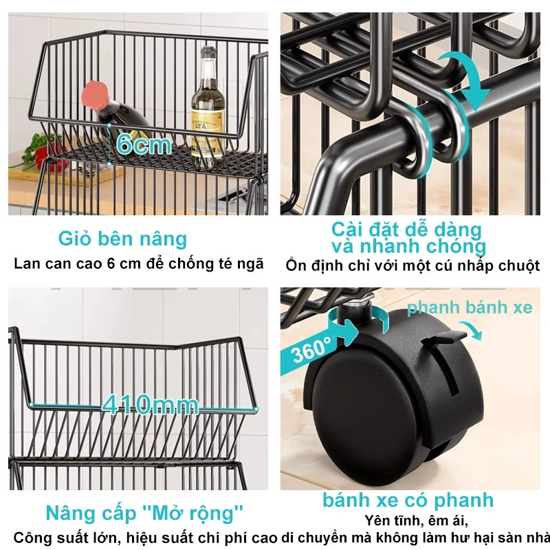 Kệ đựng đồ nhà bếp có bánh xe Xe đẩy lưới sắt có thể tháo rời Kệ Bếp đặt rau và trái cây