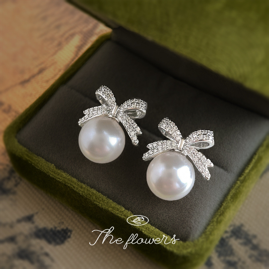 Bông Tai Zircon Micro-Ind Crystal và Pearl bạc 925, Finish Kim ánh Sáng, Style Hàn Quốc, Elegant
