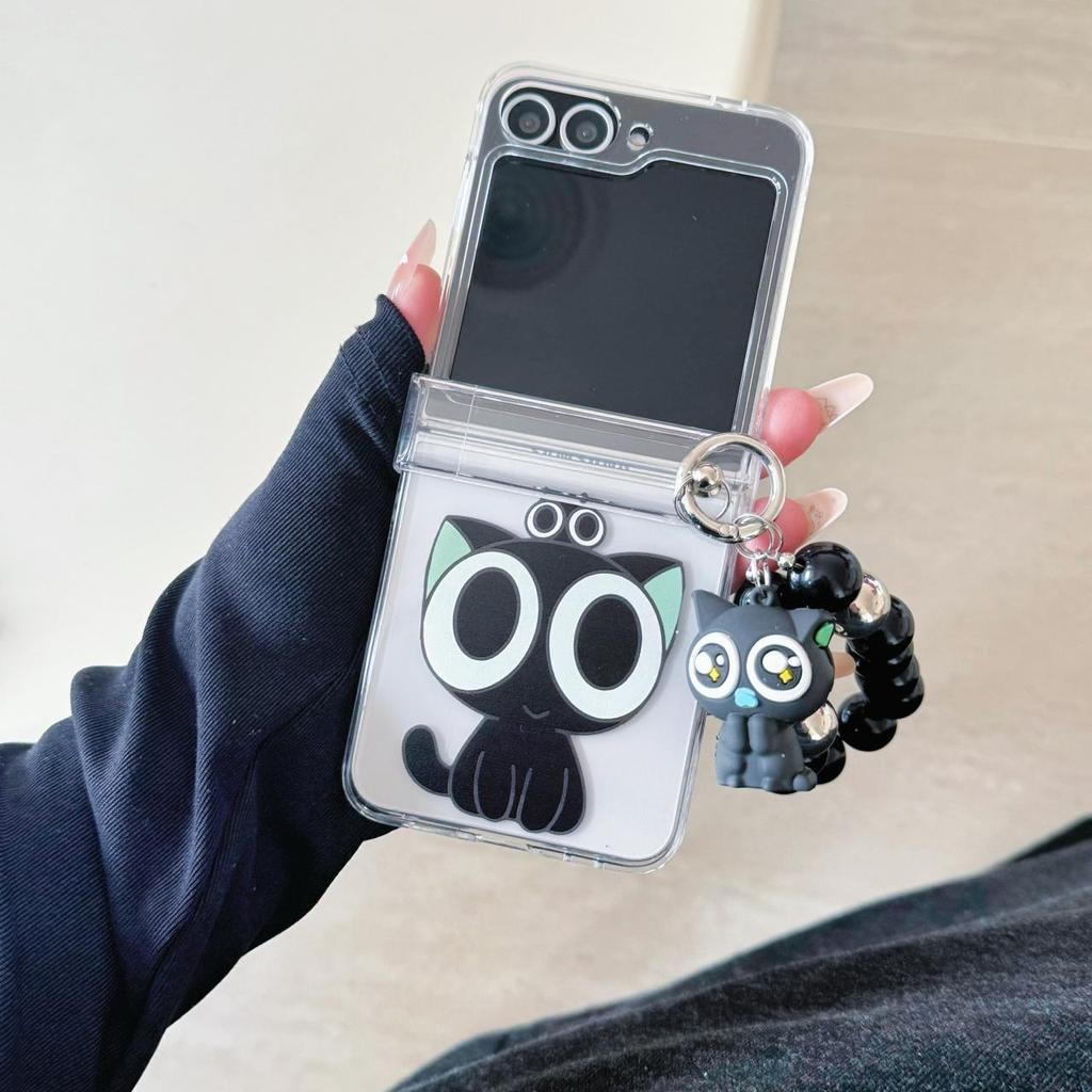 Phim Hoạt Hình Mèo Đen Dễ Thương Giá Đỡ Ốp Lưng Điện Thoại Thích Hợp Cho Samsung Galaxy ZFlip7 zflip6 Dây Gấp Vỏ Cứng Cho Z Flip 7 6 5 4 3 5G Vỏ Bảo Vệ