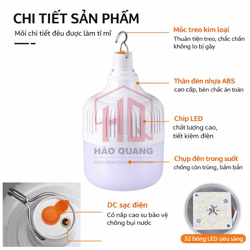 Bóng Đèn Tích Điện công suất 200w  – Siêu Sáng, Có Móc Treo, Dùng Khi Mất Điện