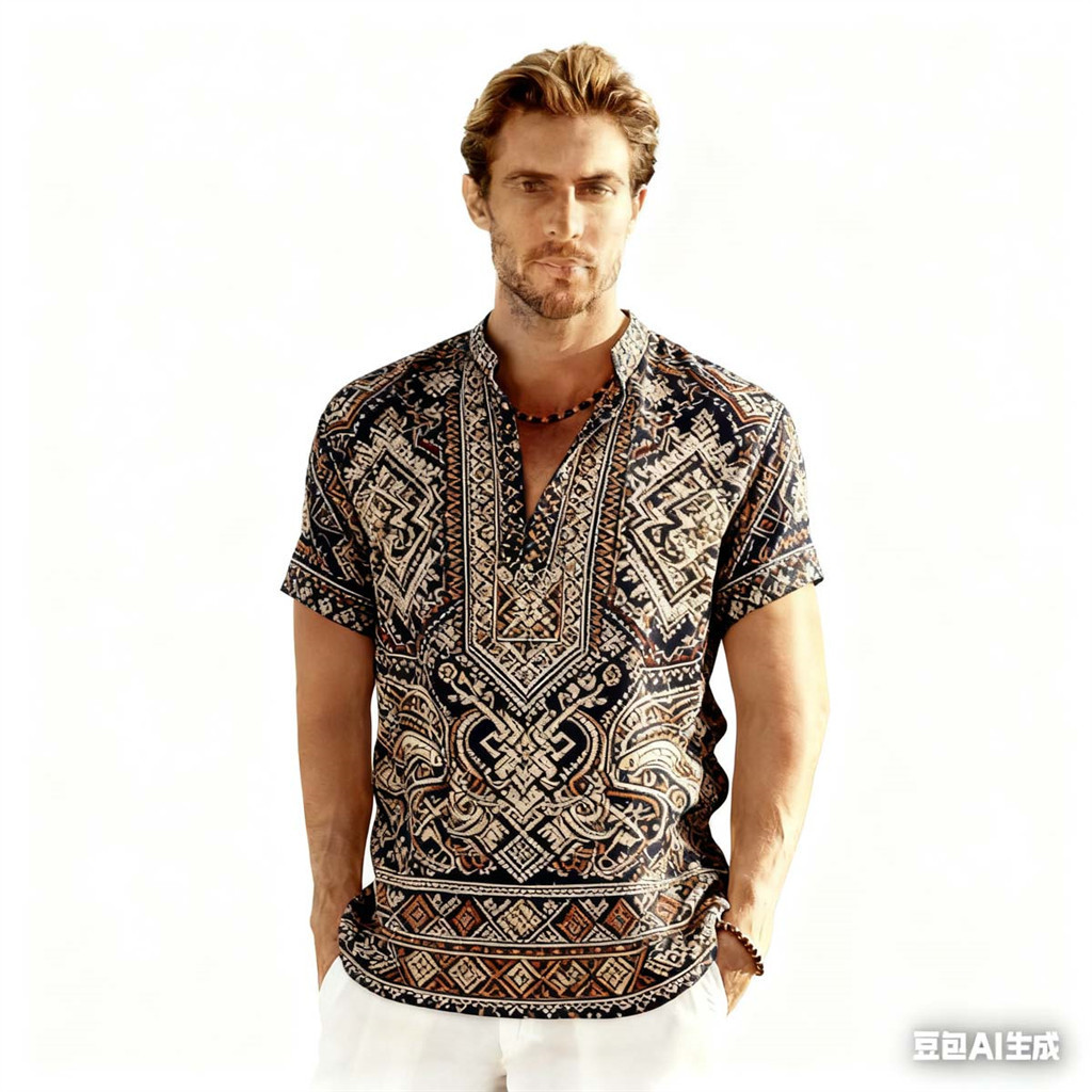 Nam Áo Polo Tay Ngắn họa tiết dân tộc retro, phù hợp dạo phố ngoài trời