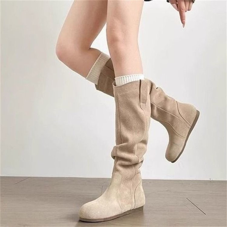 Mùa Thu Đông Da Lộn Retro Mũi Tròn Tay Dày Ống Cao Thời Trang Giày Bốt Thời Trang Thoải Mái Thường Ngày Mặc Ngoài Trời Chống Trơn Trượt Chống Mài Mòn Không Đầu Gối