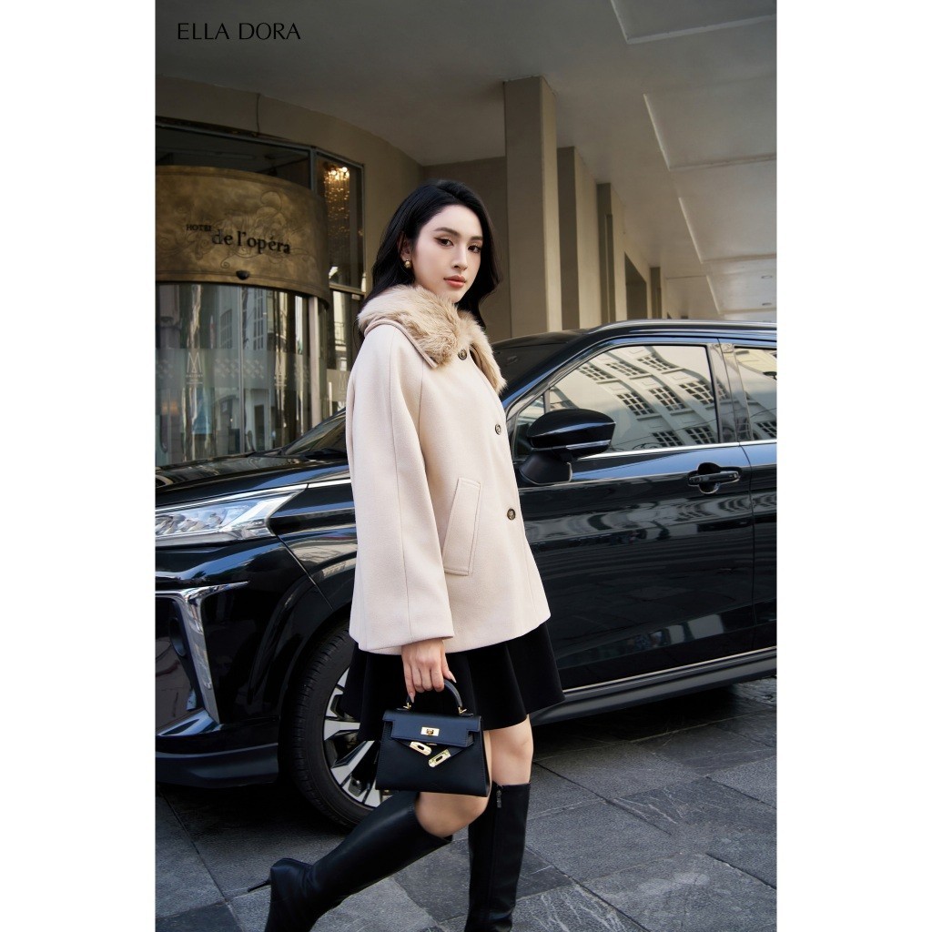 Áo khoác nữ ELLA DORA dạ cashmere thiết kế cổ lông tháo rời form A thanh lịch sang trọng [K09]