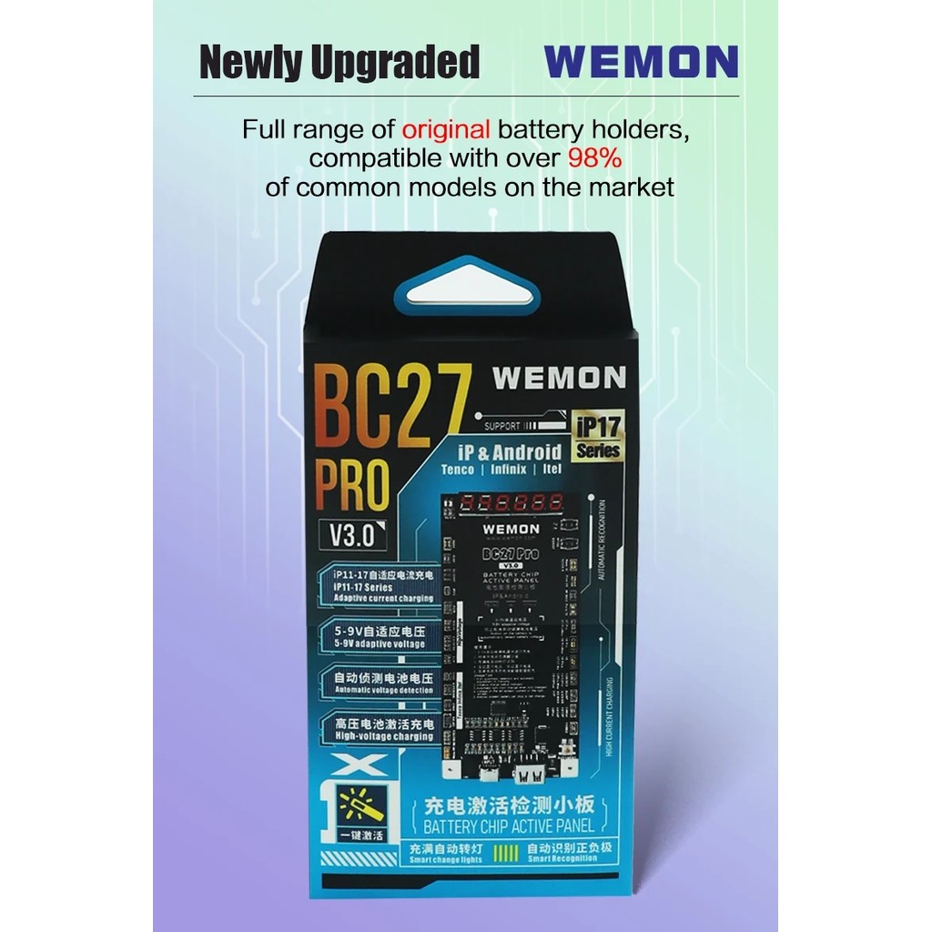Bảng phát hiện kích hoạt pin WEMON BC27 PRO cho IPhone 6-17 & 400 + Mẫu Android Kích hoạt một cú nhấp chuột của công cụ pin