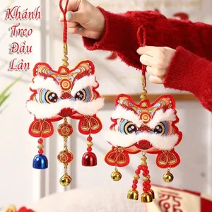 Liễn Khánh Hình Đầu Lân Lắc Chuông Ép Nhung Cao Cấp Treo Cửa, Trang Trí Xe Hơi Treo Tường Phủ Nhung Kim Tuyến