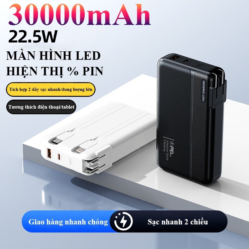 Sạc Dự Phòng 30000mAh Sạc Nhanh 22.5W/PD20 Tích Hợp 2 Dây Sạc Nhanh Đầu Cắm AC Tiện Lợi