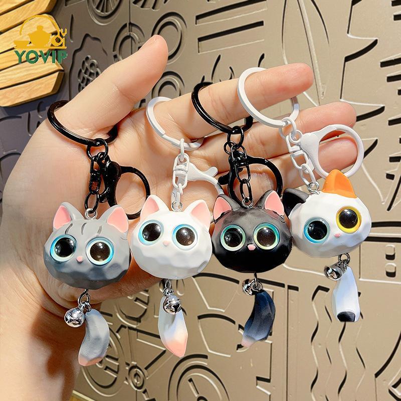 YOVIP Hoạt Hình Sáng Tạo Mắt Lớn Đầu Mèo Móc Khóa Unisex Xe Móc Khóa Dễ Thương Tinh Tế Đầu Mèo Mặt Dây Chuyền Bền Chống Mất 3D Móc Khóa VN