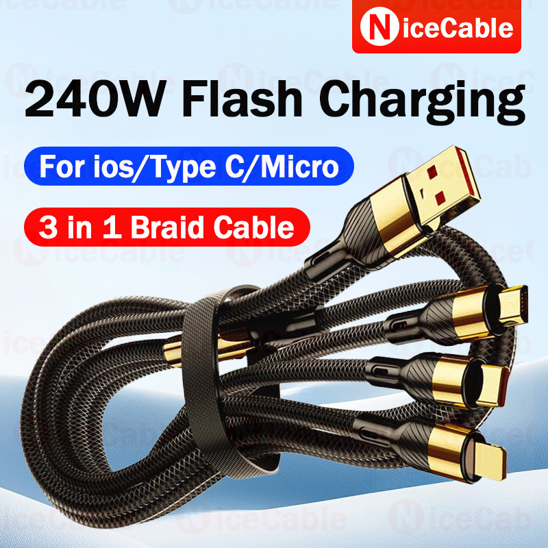 Cáp sạc nhanh 3 trong 1 USB sang Type C / Micro / ios Cáp sạc điện thoại công suất cao 240W Dây dữ liệu chống vỡ dệt Nylon cho Android