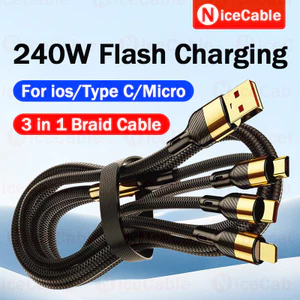 Cáp sạc nhanh 3 trong 1 USB sang Type C / Micro / ios Cáp sạc điện thoại công suất cao 240W Dây dữ liệu chống vỡ dệt Nylon cho Android