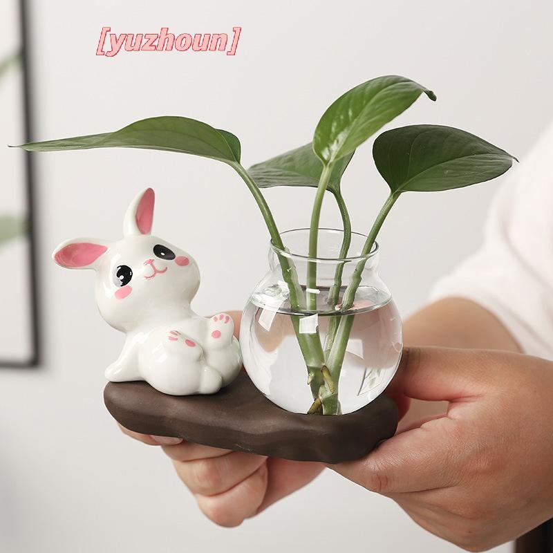 [yuzhoun] Bình thủy tinh trong suốt hình thỏ dễ thương, bình cây thủy canh để bàn có đế gỗ