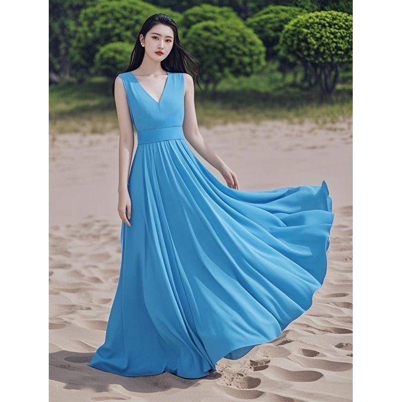 Đầm dài mùa hè bằng vải voan, phong cách bãi biển cao cấp mới, đầm không tay thanh lịch cho kỳ nghỉ bên biển